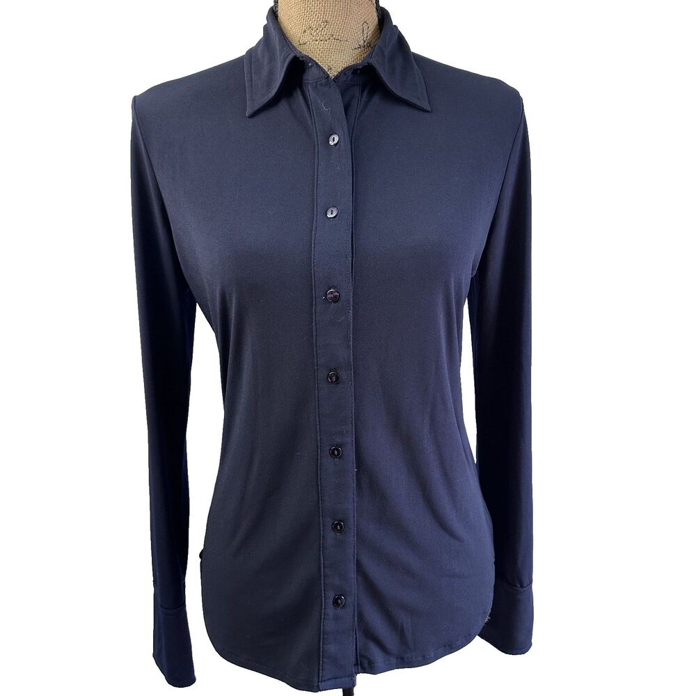 Press Women's Navy Stretch Button Front Career Blouse Long Sleeve Shirt Size S/P